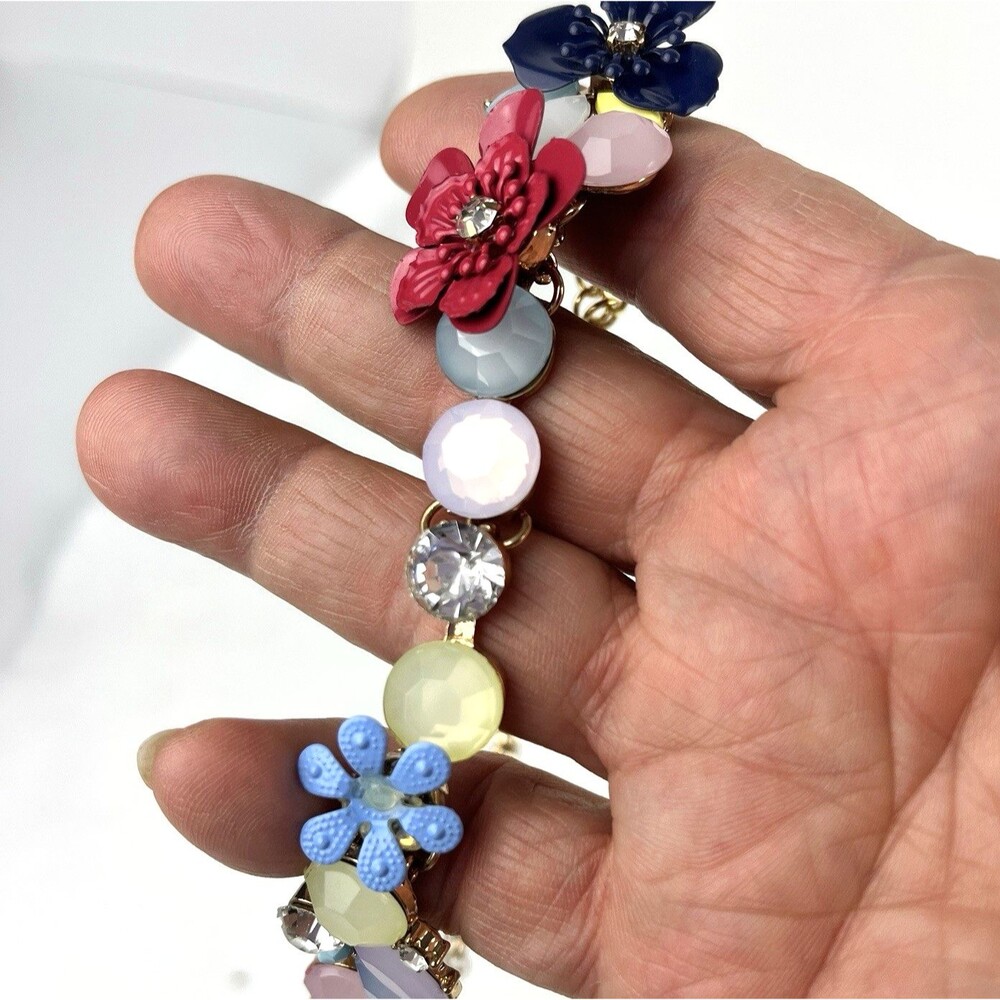 Multi-Colored Floral Enamel Rhinestone Statement Necklace Chunky Gold Tone